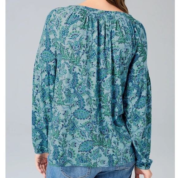 J.Jill $69 XL Blue Lagoon Teal Floral Printed Smocked Cotton Tencel Modal Top - Picture 5 of 11
